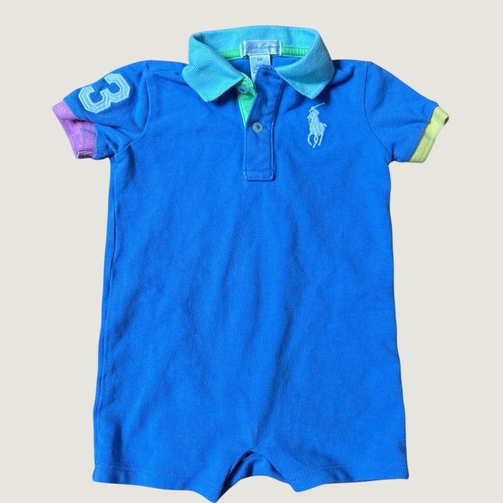 Ralph Lauren Polo Romper Boys Blue Multi Color Trim Patch SIZE 6M